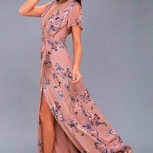Lulus Fiorire Rusty Rose Floral Print Wrap Maxi Dress Pink - Size L